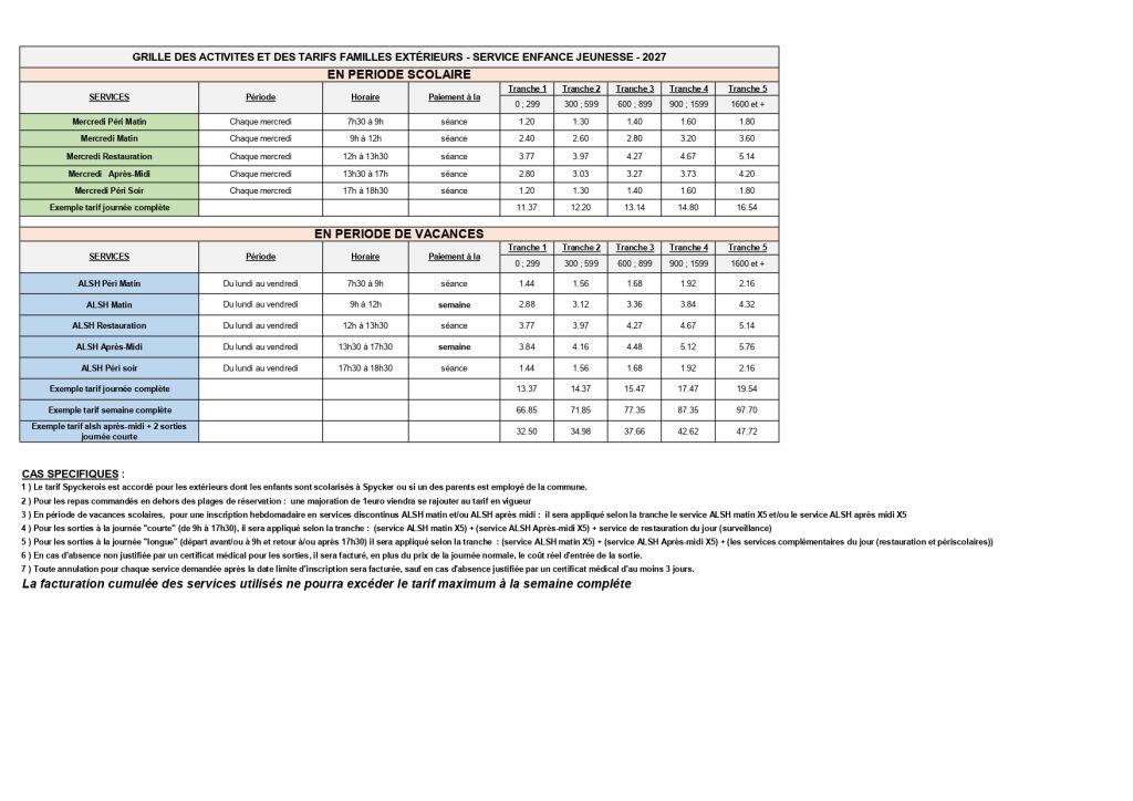 TARIFS EXTERIEURS 2027
